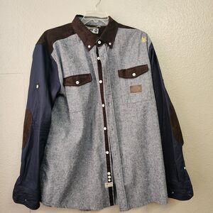 Y2K Patchwork Chambray Button Shirt Men 3XL Colorblock Workwear Streetwear EE474